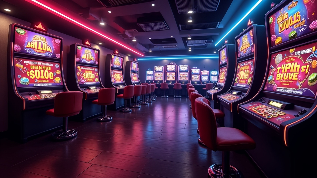 Sala de casino con banners de promociones y luces de neón