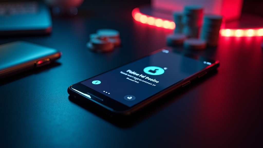 Pantalla de actualización de app en un móvil con fondo de casino oscuro