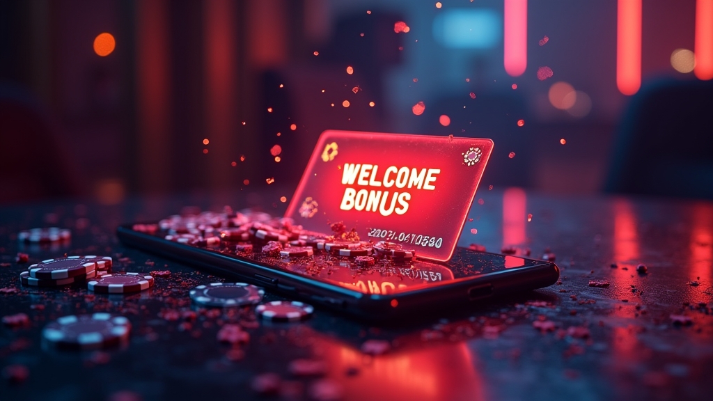 Pantalla de casino con bono de bienvenida y tarjeta de código promocional