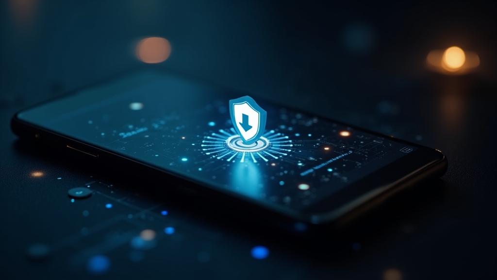 Pantalla móvil con descarga segura de APK y ambiente de casino con luces neón